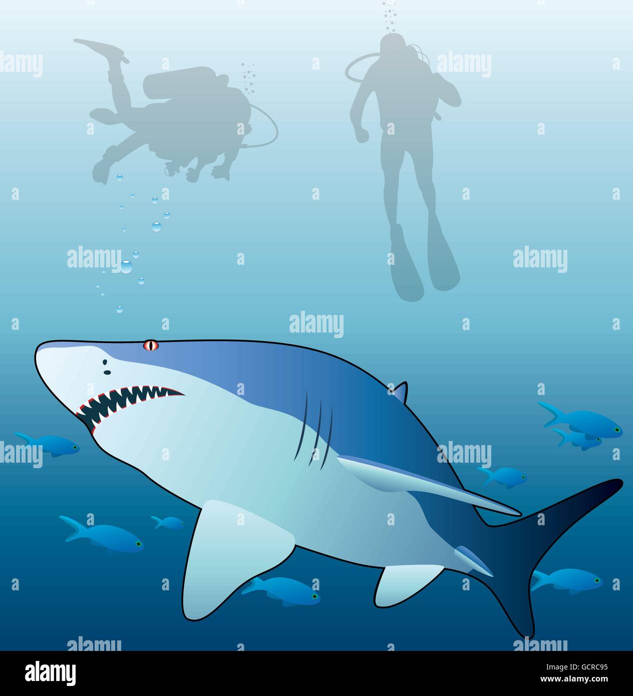 underwater vector of a shark, tropical fishes and scuba divers Stock Vector