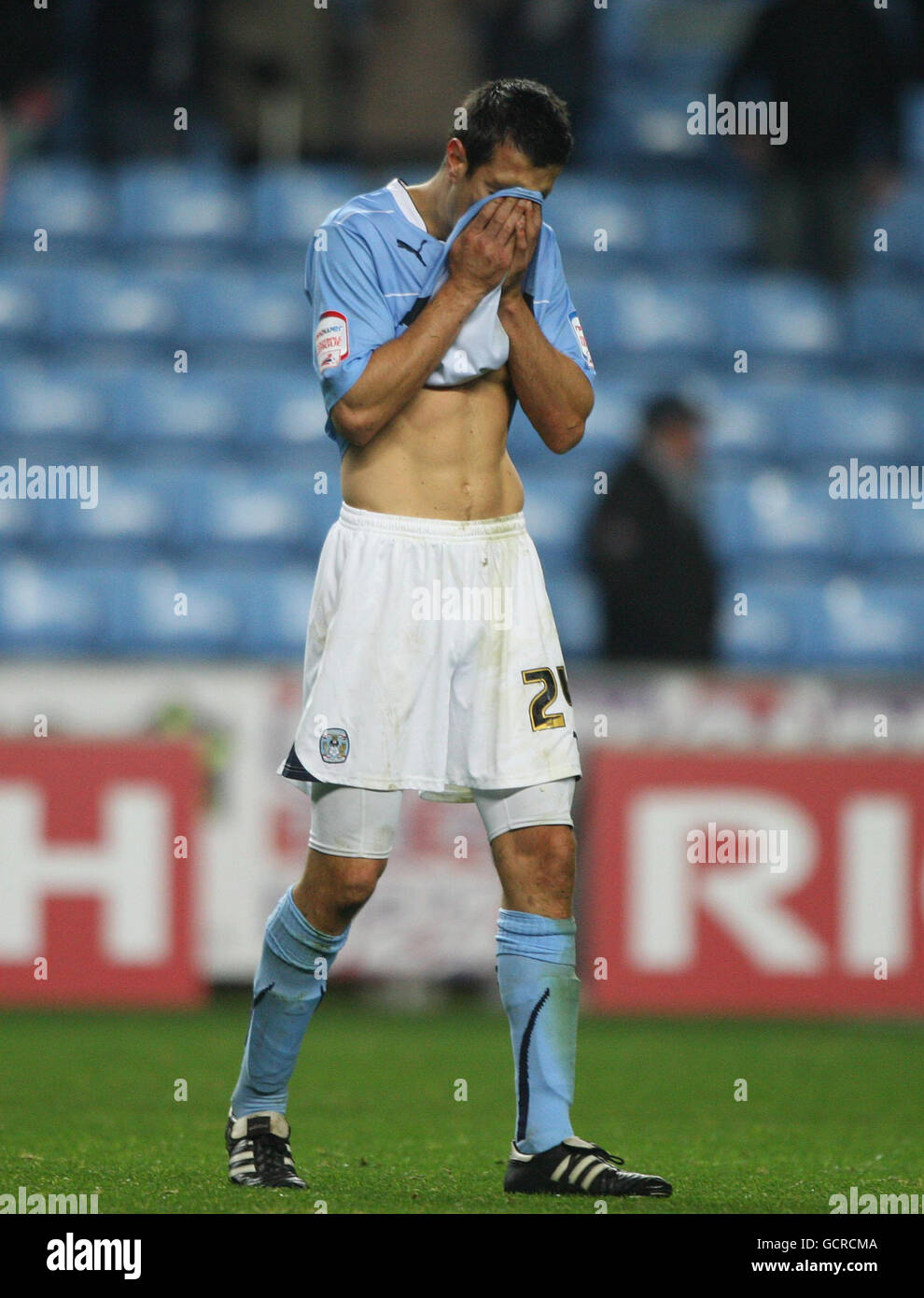 Coventry City defender Richard Keogh shows his dejection after 2-1 defeat during the npower Championship match at the Ricoh Arena, Coventry. Stock Photo