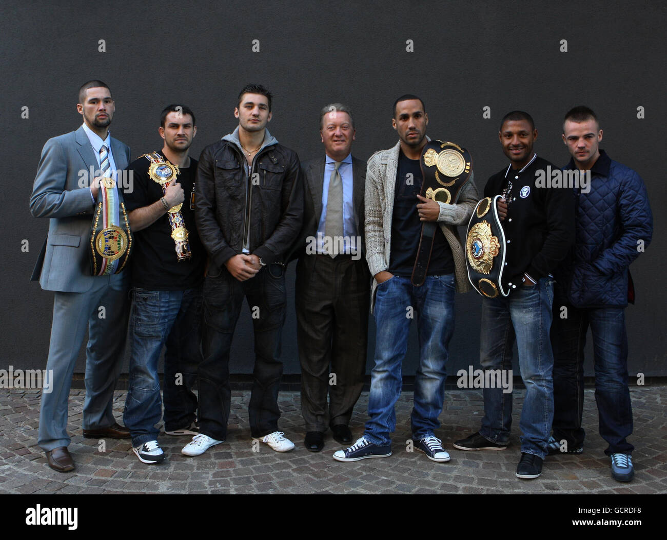 Frank Warren Boxing Promoter (centre) with his fighters from left) Liverpool's Tony Bellew and Paul Smith, Wales' Nathan Cleverly, Olympic Champion James DeGale, Sheffield's Kell Brook and Birmingham's Frankie Gavin during a Press Conference at the Radisson Blu Hotel, Liverpool, ahead of the Liverpool Echo Arena show on December 11. Stock Photo