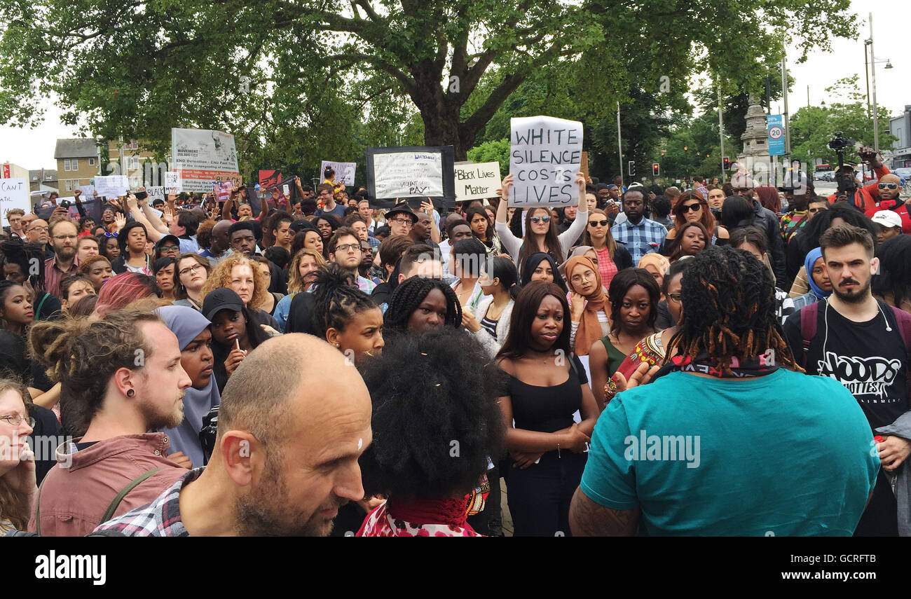 Hundreds of demonstrators protest in Windrush Square in Brixton, London ...