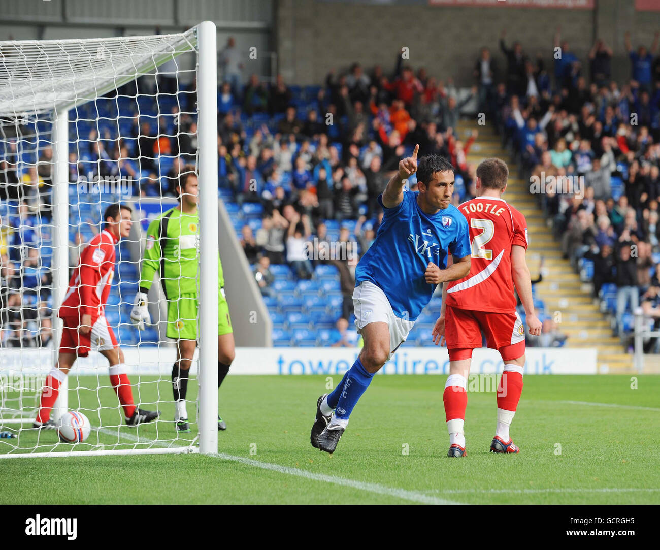 Chesterfield's Jack Lester celebrates scoring his sides first goal of the game during the npower League Two match at the B2net Stadium, Chesterfield. Stock Photo