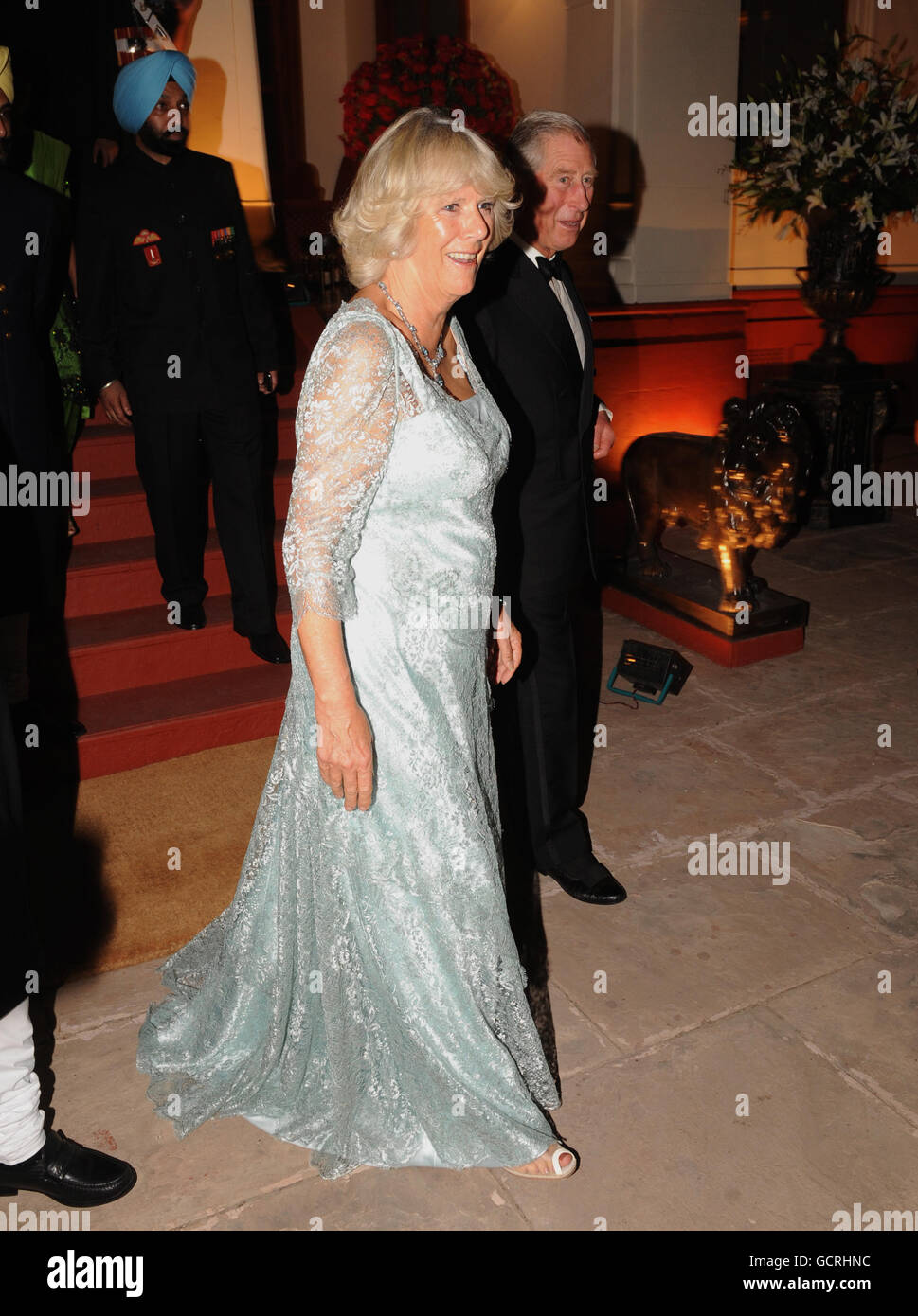 The Prince of Wales and Duchess of Cornwall arrive at the Maharaja's palace in Patialia, India to attend a banquet with Maharaja of Patiala, Captain Amarinder Singh. Stock Photo