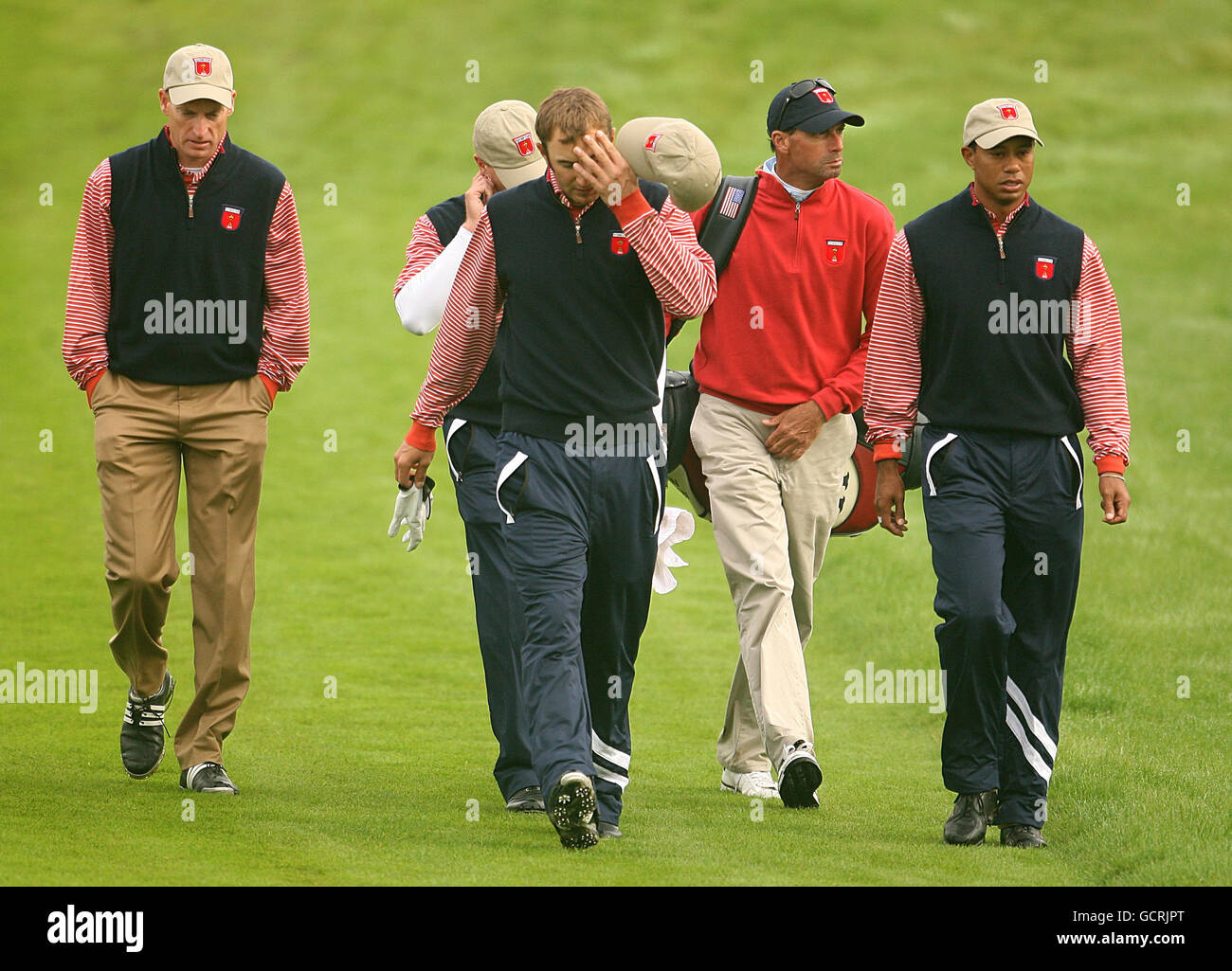 (left to right) USA's Jim Furyk, Dustin Johnson and Tiger Woods during
