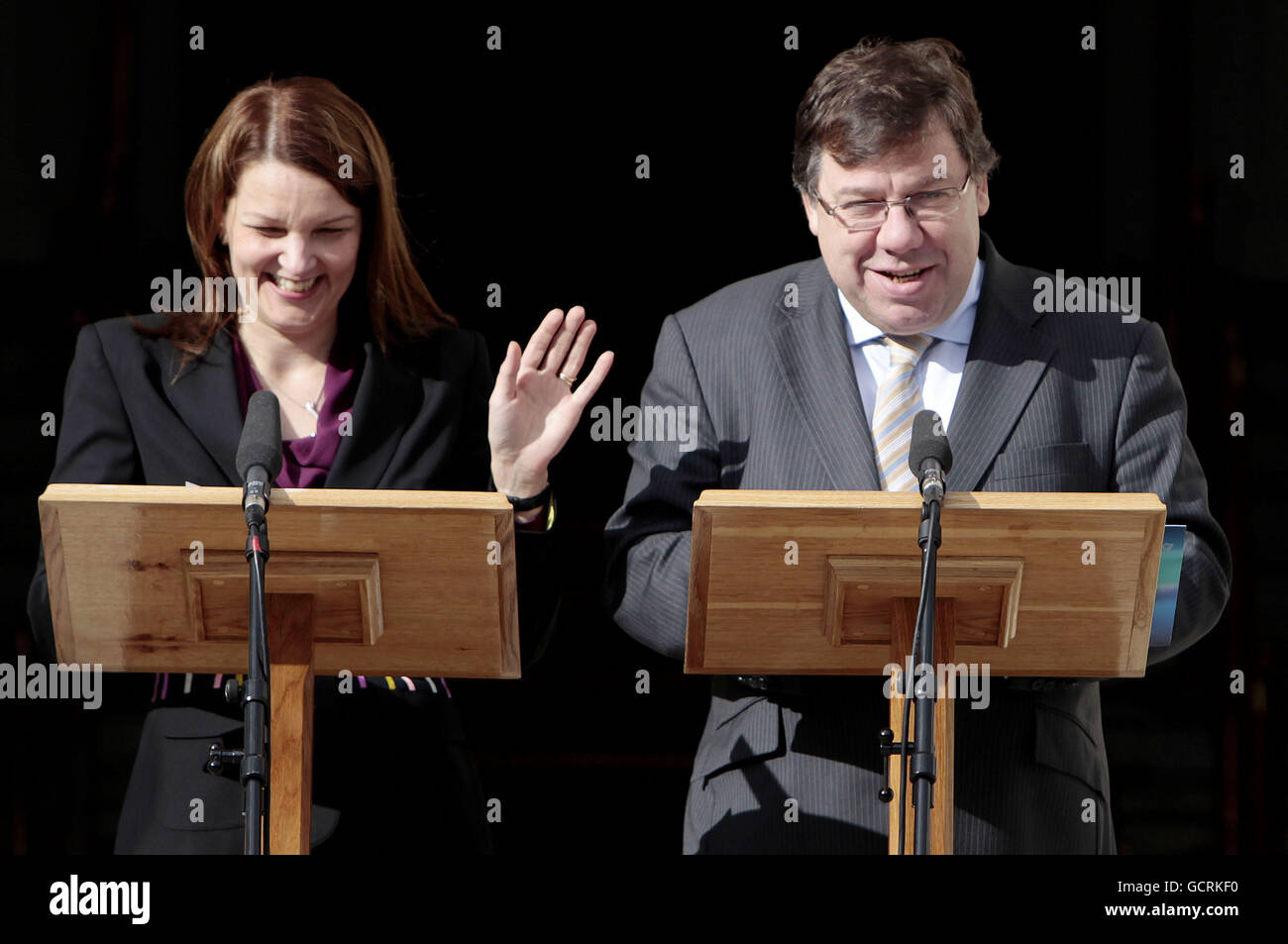 Taoiseach Brian Cowen with Finnish Prime Minister Mari Kiviniemi after the announce the setting up of a new venture capital firm at Government Buildings in Dublin. Stock Photo