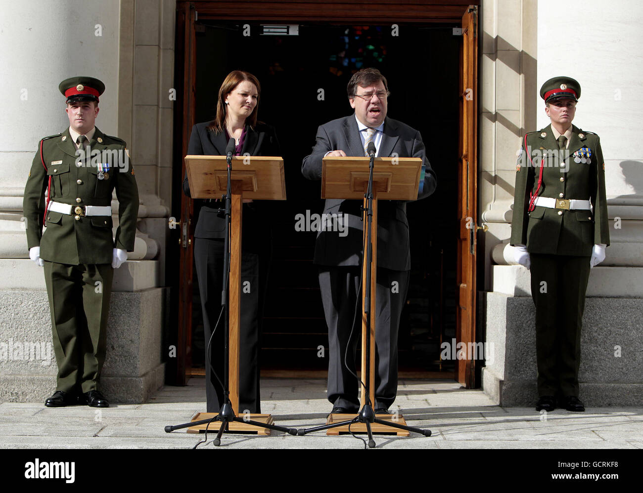 Taoiseach Brian Cowen with Finnish Prime Minister Mari Kiviniemi after the announce the setting up of a new venture capital firm at Government Buildings in Dublin. Stock Photo