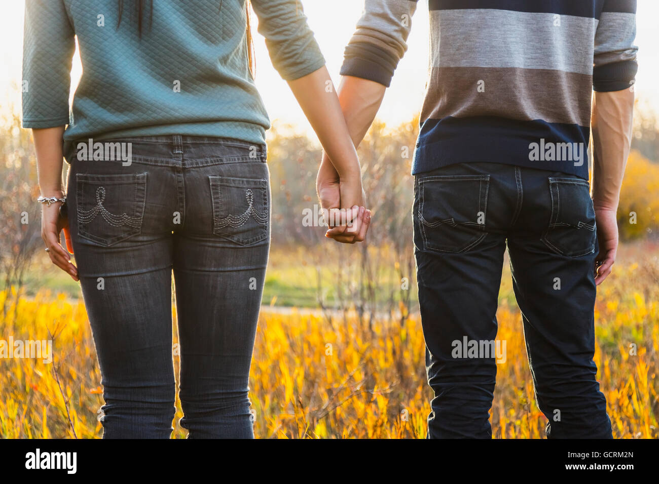 A young couple enjoying quality time together outdoors in a park in autumn and holding hands in the warmth of the sunlight during the early evening Stock Photo