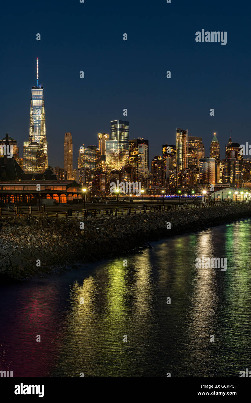 Manhattan skyline at twilight, Liberty State Park; Jersey City, New Jersey, United States of America Stock Photo