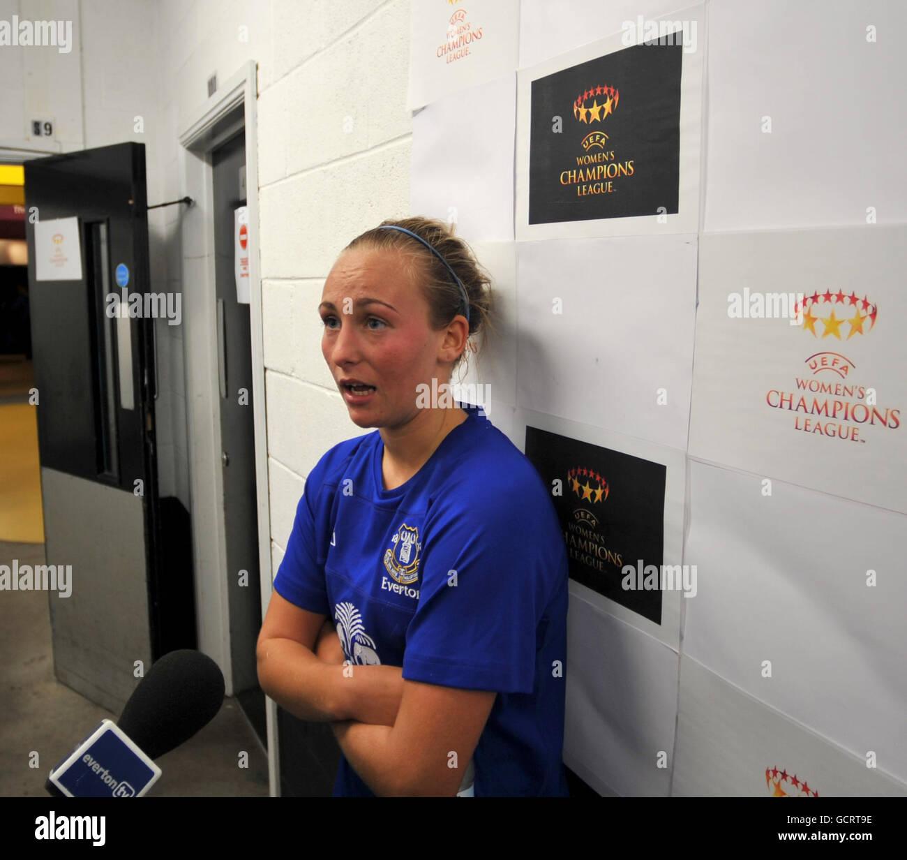 Everton's Toni Duggan is interviewed by Everton TV after the match Stock Photo
