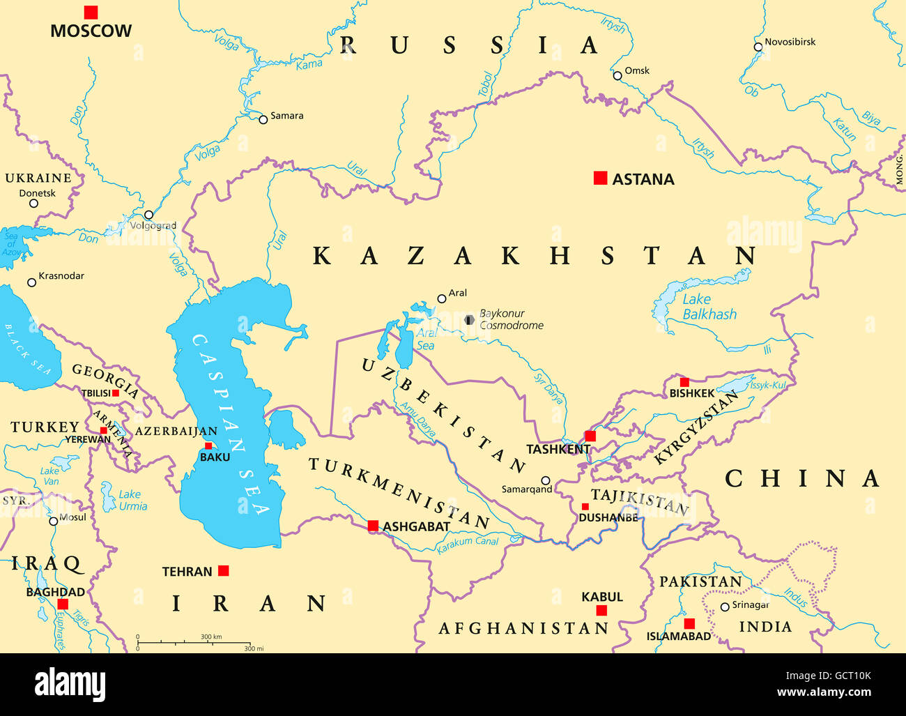 Caucasus and Central Asia political map with countries, their capitals, national borders, important cities, rivers and lakes. Stock Photo