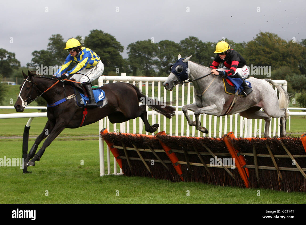 Downward Spiral ridden by jockey Alan O'Keeffe (left) jumps the fence ahead of Marblehead ridden by jockey Sam Twiston-Davies during the F Cross And Son Novices' Hurdle Stock Photo