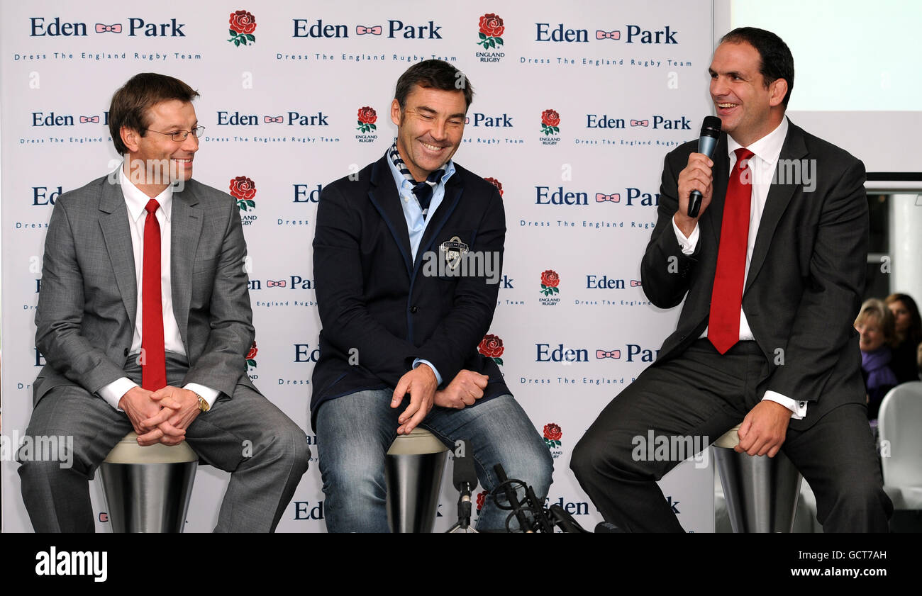 (Left - right) Rob Andrew, Director of Elite Rugby, Franck Mesnel founder of Eden Park, a French fashion brand and Martin Johnson, England Rugby Team Manager at Kensington Roof Gardens, London to announce a six year partnership between Rugby Football Union and Eden Park who are to provide the official formalwear for the squad. Mr Andrew is wearing the full suit for which Mr Johnson has yet be fitted. PRESS ASSOCIATION Photo. Picture date: Wednesday October 20, 2010. Photo credit should read: Fiona Hanson/PA Wire Stock Photo