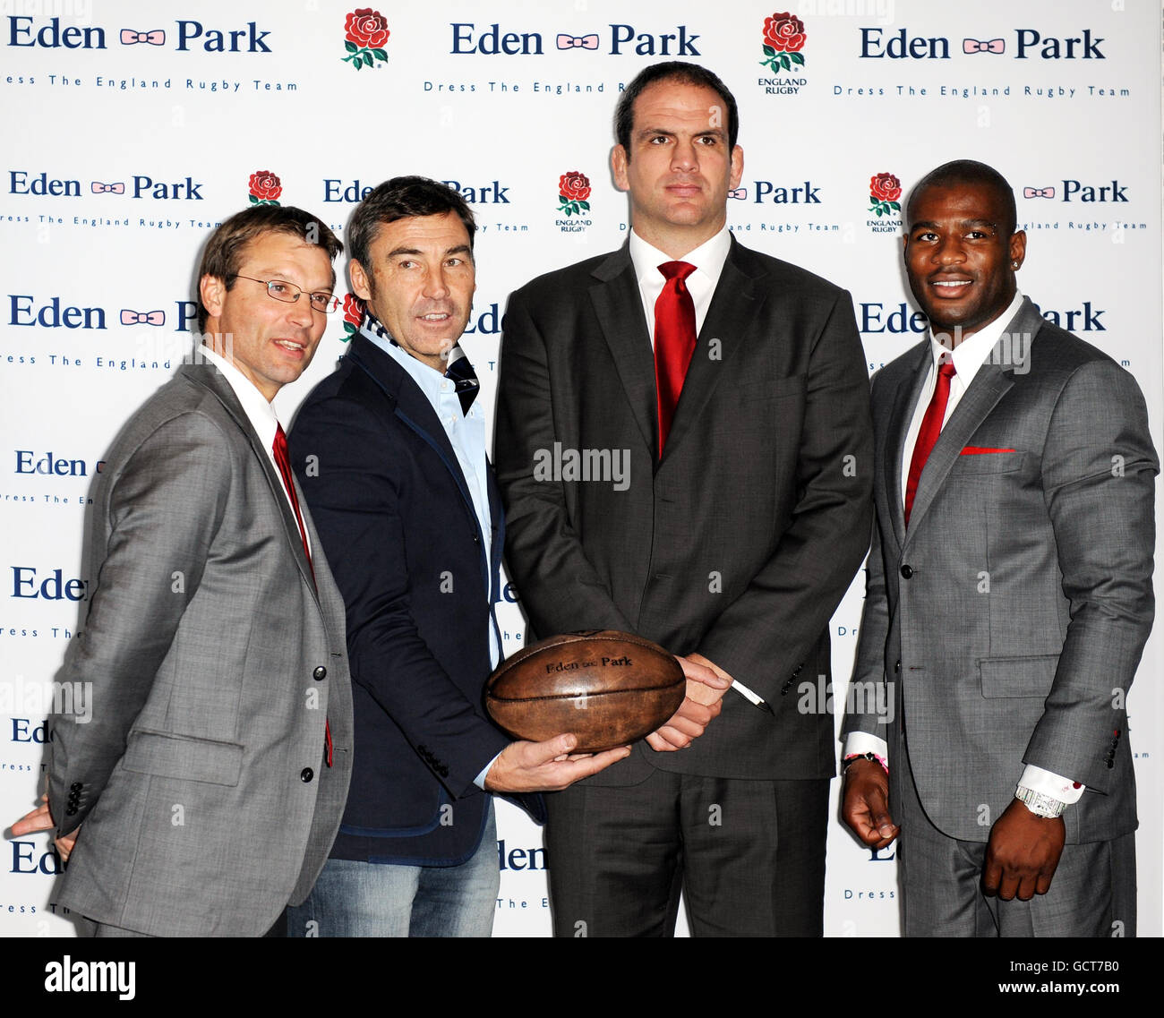 (Left - right) Rob Andrew, Director of Elite Rugby, Franck Mesnel founder of Eden Park, a French fashion brand, Martin Johnson, England Rugby Team Manager and England international, Ugo Monye at Kensington Roof Gardens, London to announce a six year partnership between Rugby Football Union and Eden Park who are to provide the official formalwear for the squad. Stock Photo