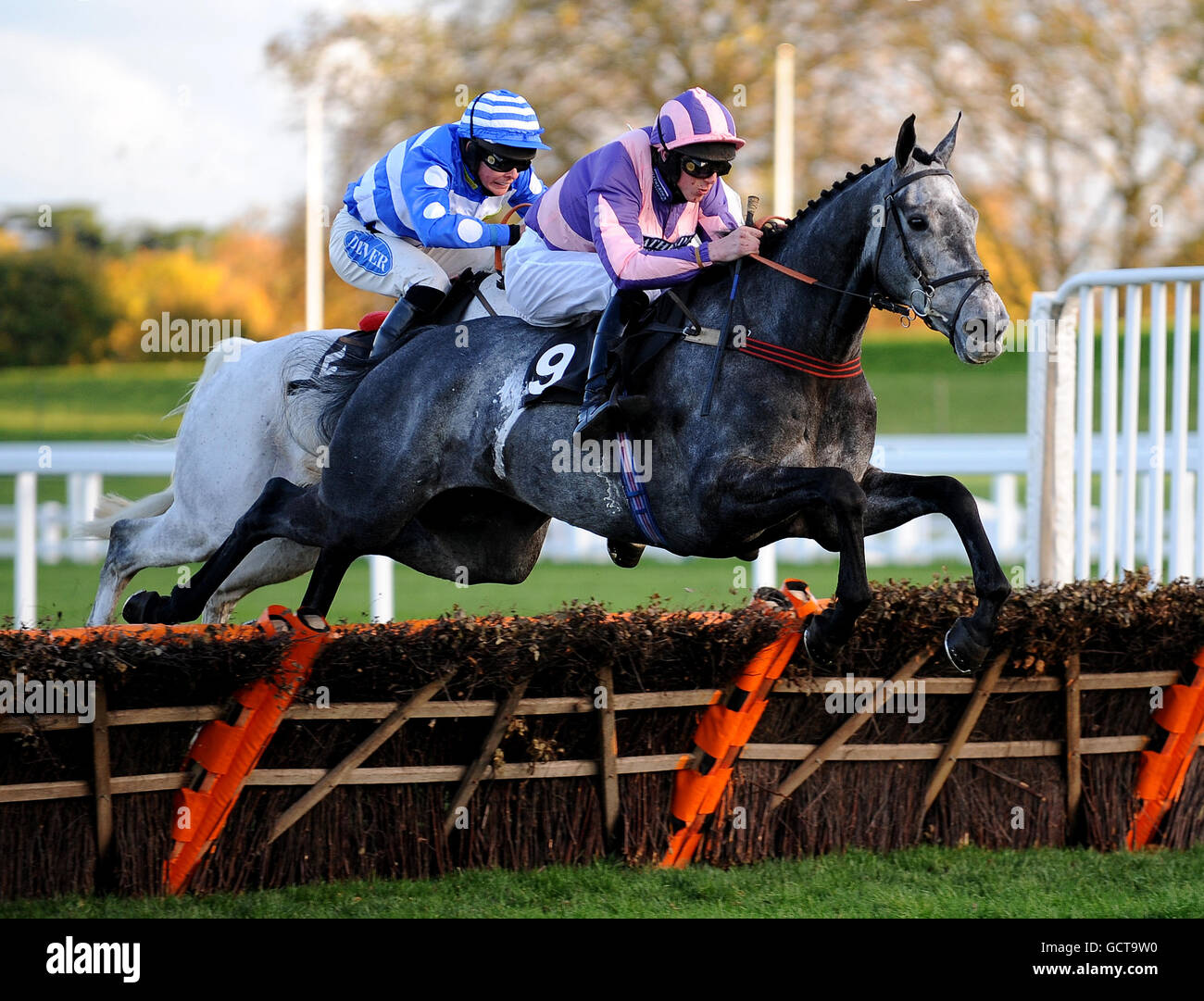 TOCCA FERRO ridden by Jack Doyle leads over the last hurdle to win The williamhill.com Handicap Hurdle Race. Stock Photo