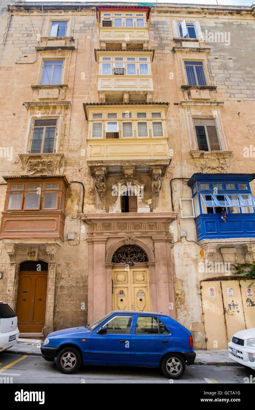Valletta buildings scene showing characteristic Maltese balconies, Malta Stock Photo