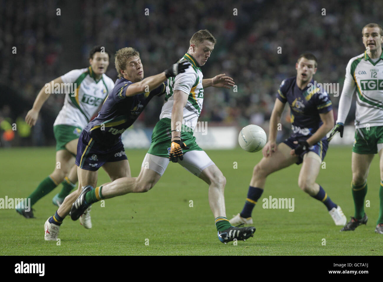 Ireland's Kevin Reilly is tackled by Australia's Sam Gilbert during the Irish Daily Mail International Rules Series match at Croke Park, Dublin. Stock Photo