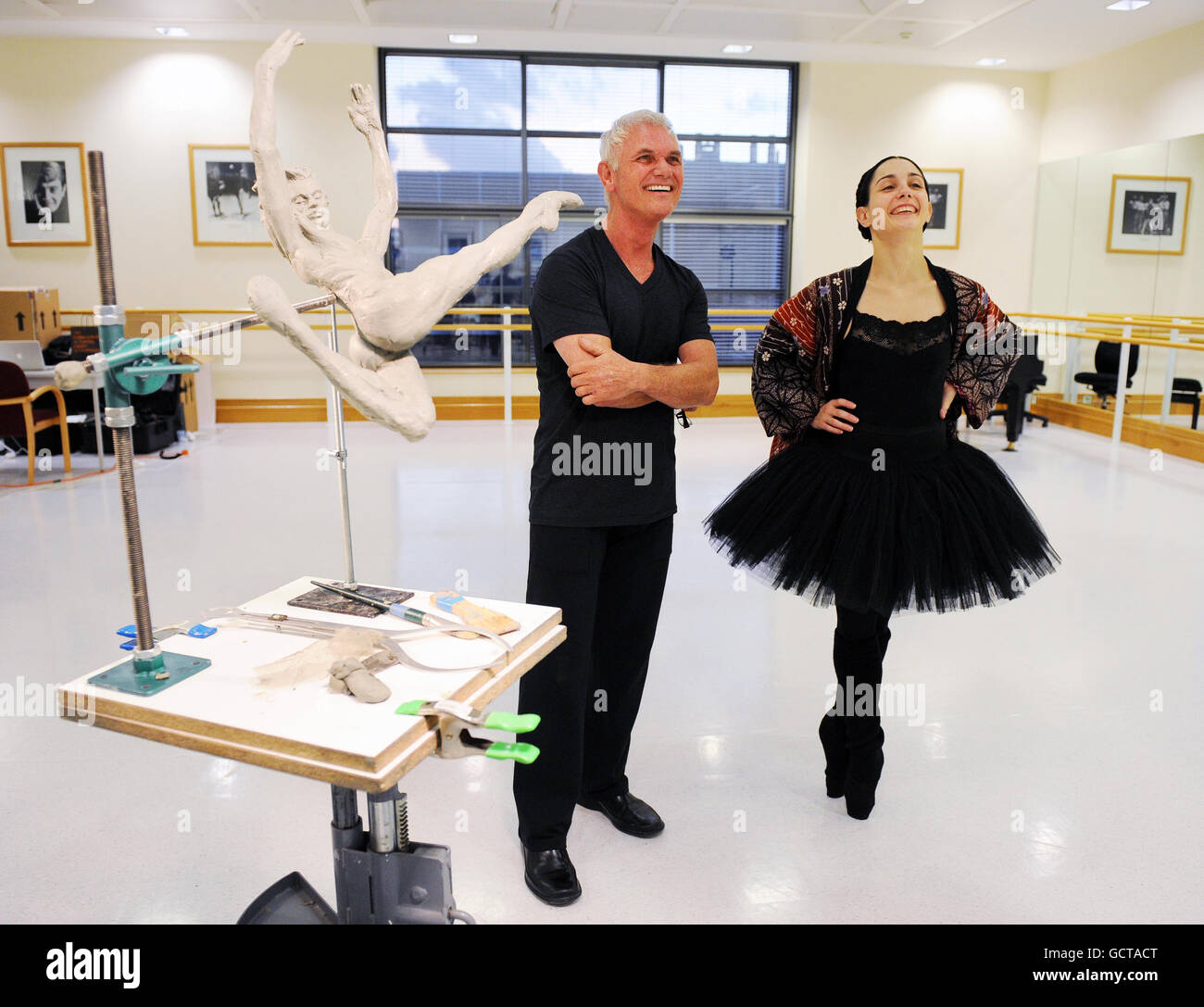Undated photo of one of the world's foremost figurative sculptors, Richard MacDonald (left) with dancer Tamara Rojo at the Royal Ballet School, Covent Garden during one of a series of exploratory visits to sculpt contributory works for a memorial to the School's founder, Dame Ninette de Valois. Stock Photo