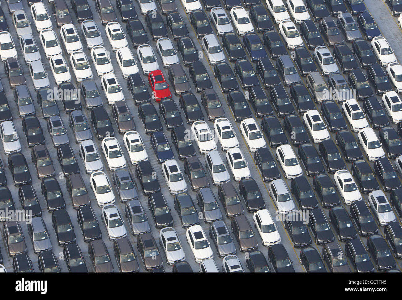 A general aerial view of BMW cars at Southampton docks waiting to be exported. Stock Photo