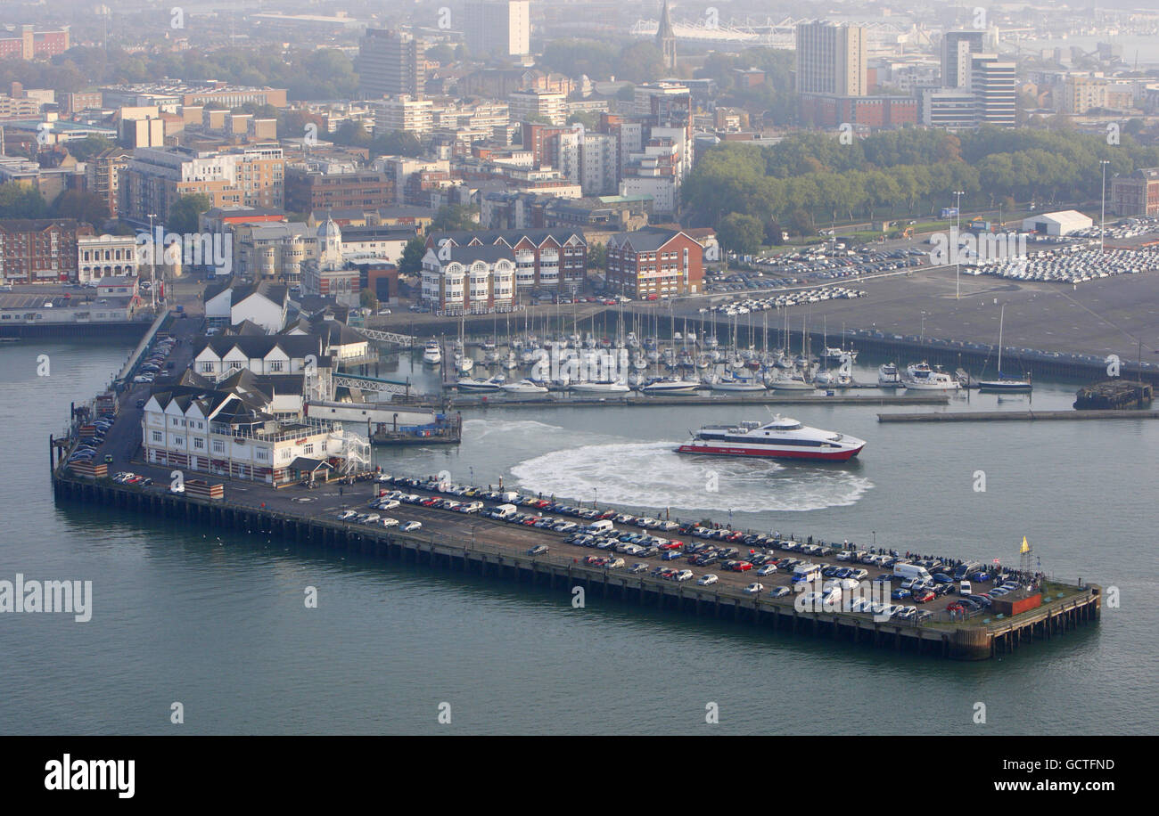 A general aerial view of Town Quay in Southampton as a Wightlink high-speed Red-Jet ferry service departs for Cowes, Isle of Wight. Stock Photo