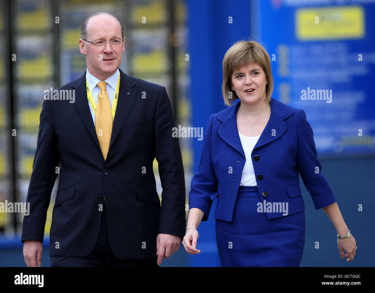 Deputy First Minister Nicola Sturgeon arrives with Cabinet Secretary for Finance John Swinney for the annual Scottish National Party Conference in Perth. Stock Photo