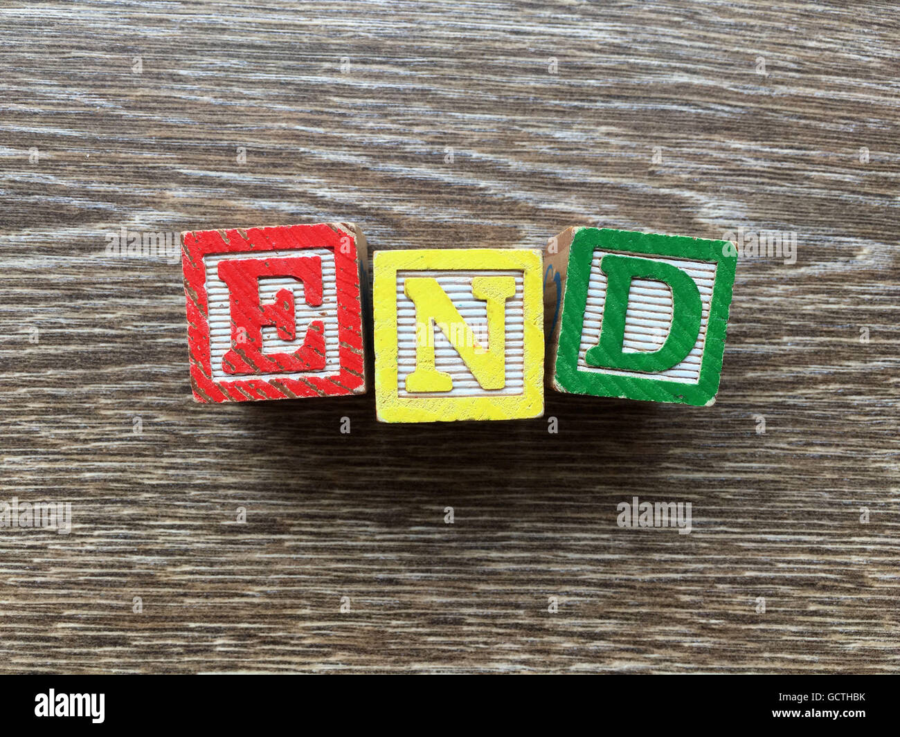 END Word done with alphabet wood block letters Stock Photo