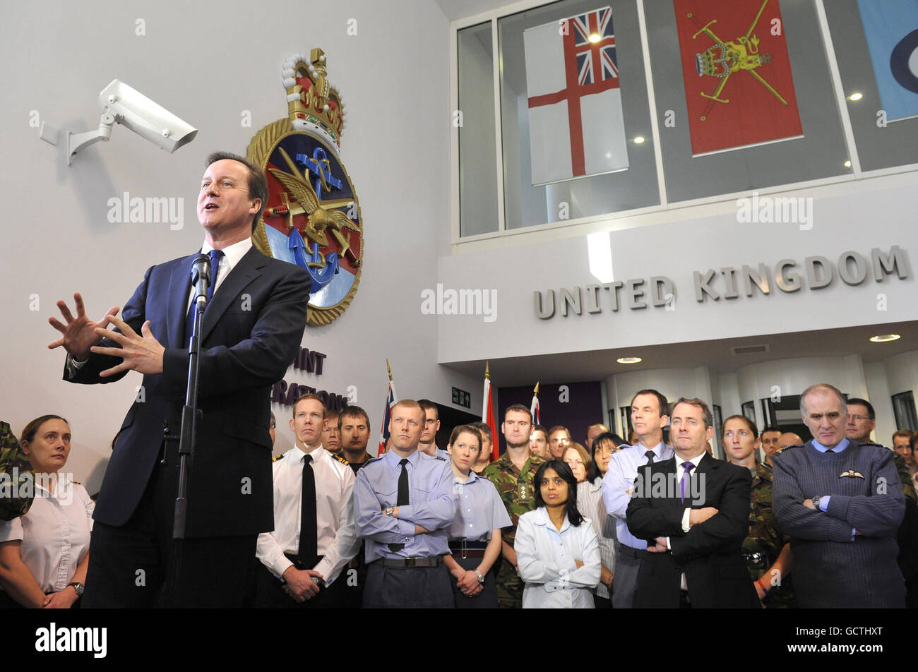 Prime Minister David Cameron addresses military staff at The Permanent Joint Headquarters in Northwood near London. Stock Photo