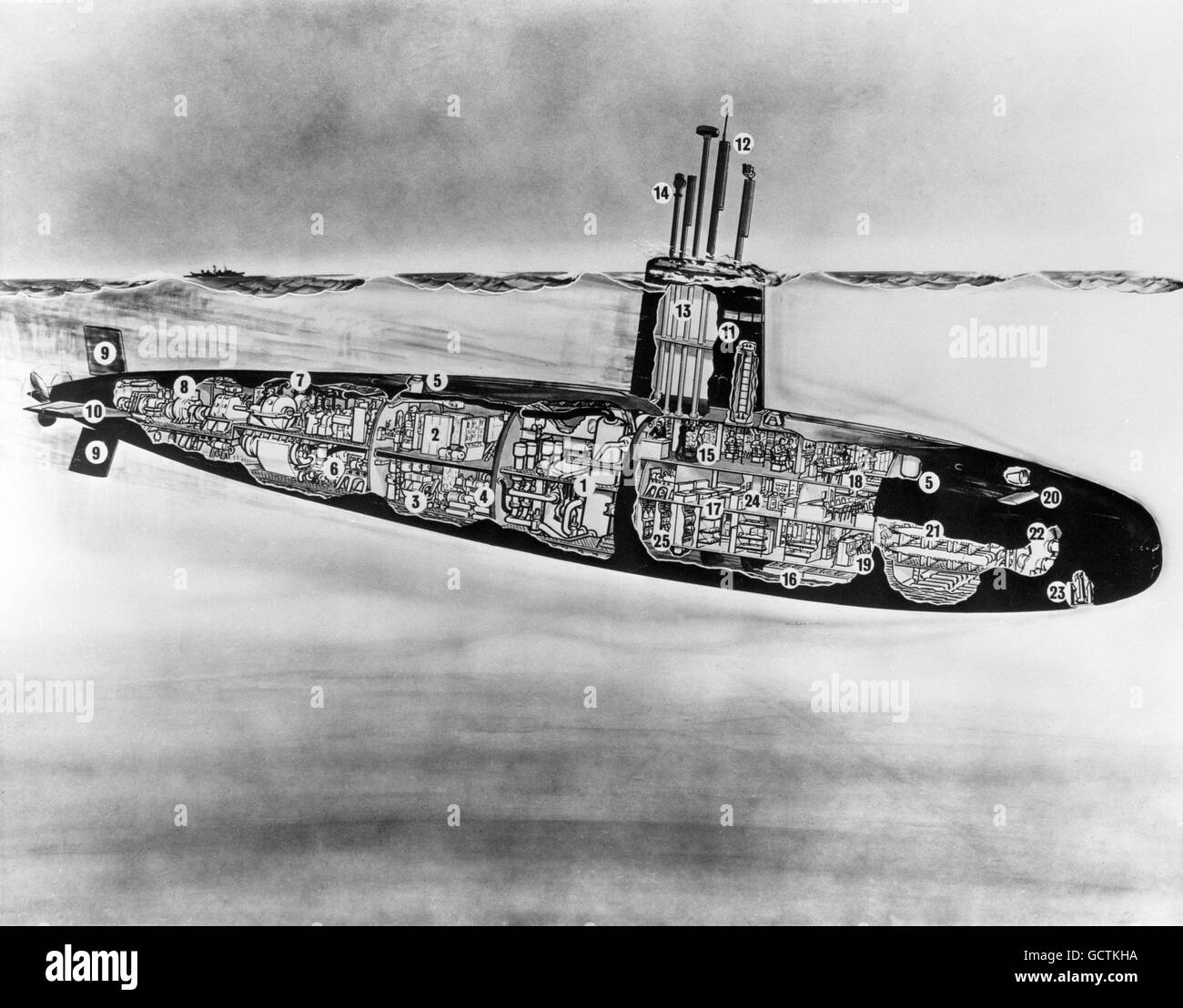 This official British picture shows a cutaway drawing of HMS Dreadnought, the first British nuclear-powered submarine, which will be launched by Queen Elizabeth II at the Vickers-Armstrong shipyards in Barrow-in-Furness. Stock Photo