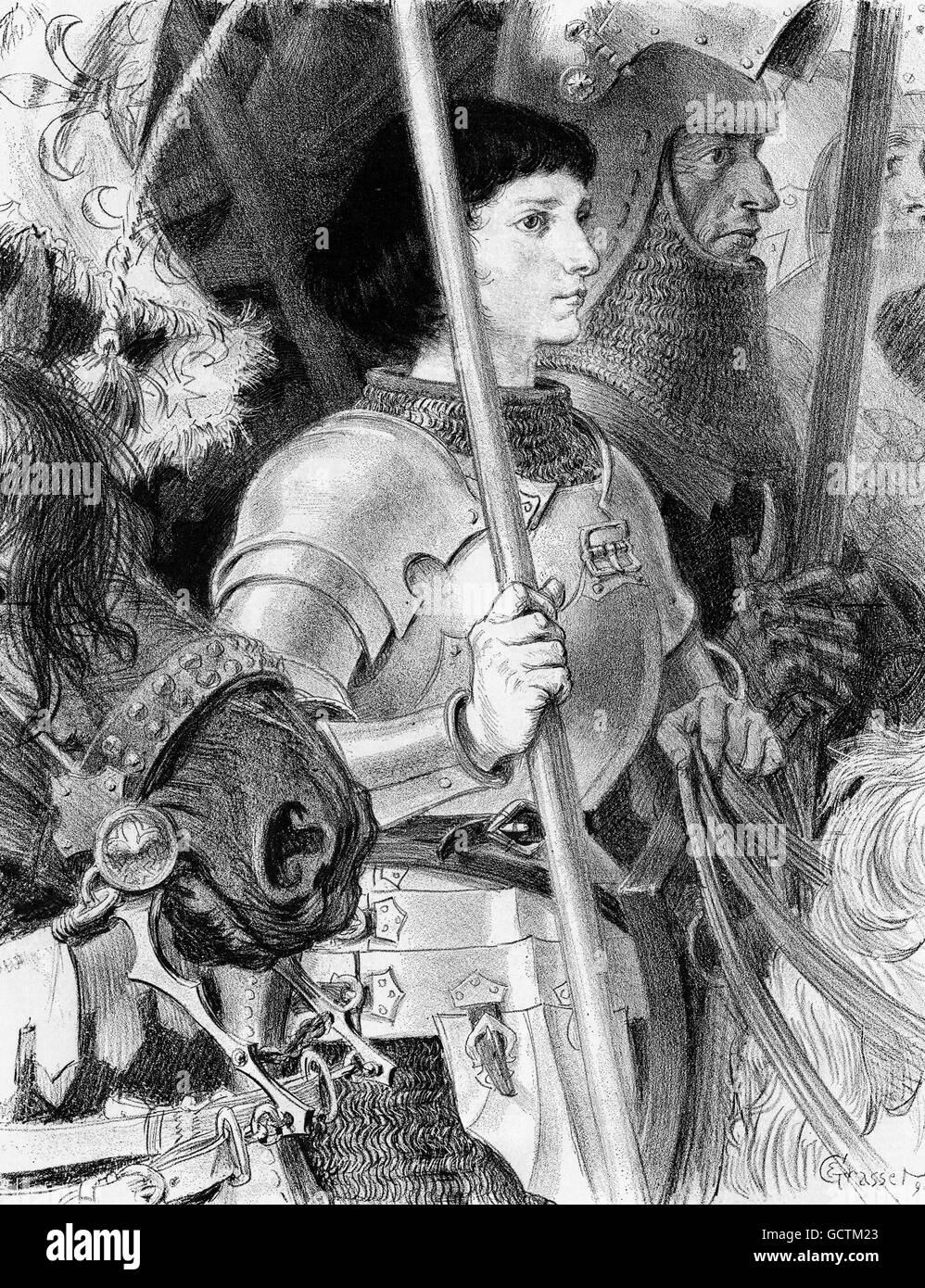 Joan of Arc (Jeanne d'Arc: c.1412-1431), often referred to as  the 'The Maid of Orléans'. Illustration by Eugene Grasset from a poster promoting Mark Twain's 'Joan of Arc'. Stock Photo