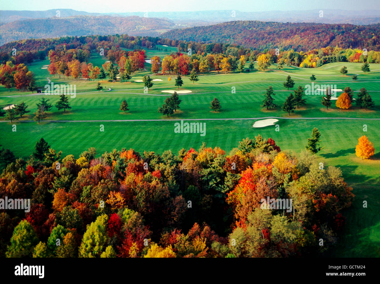 Aerial view of golf course & fall foliage; Pipestem Resort State Park; West Virginia; USA Stock Photo