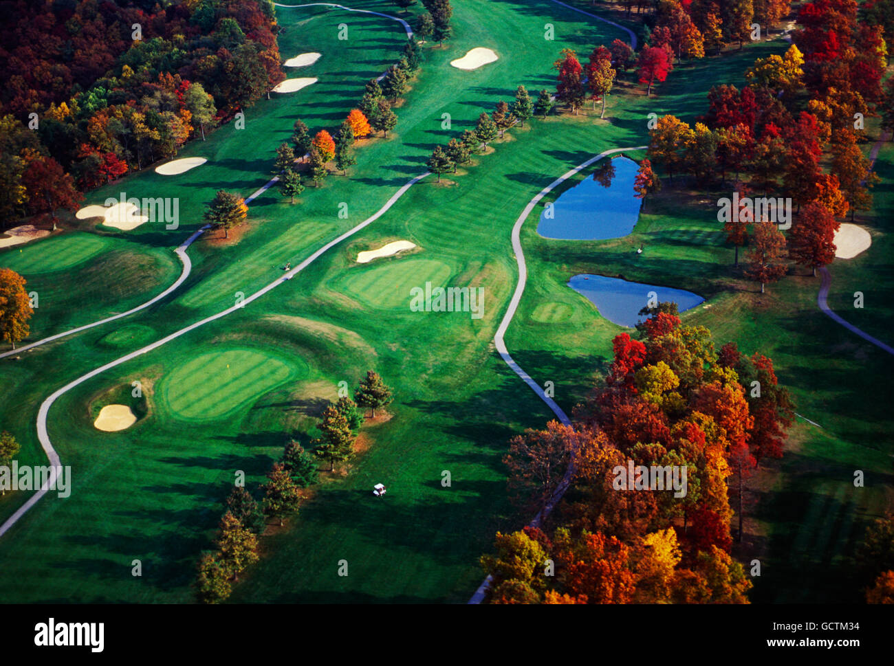 Aerial view of golf course & fall foliage; Pipestem Resort State Park; West Virginia; USA Stock Photo