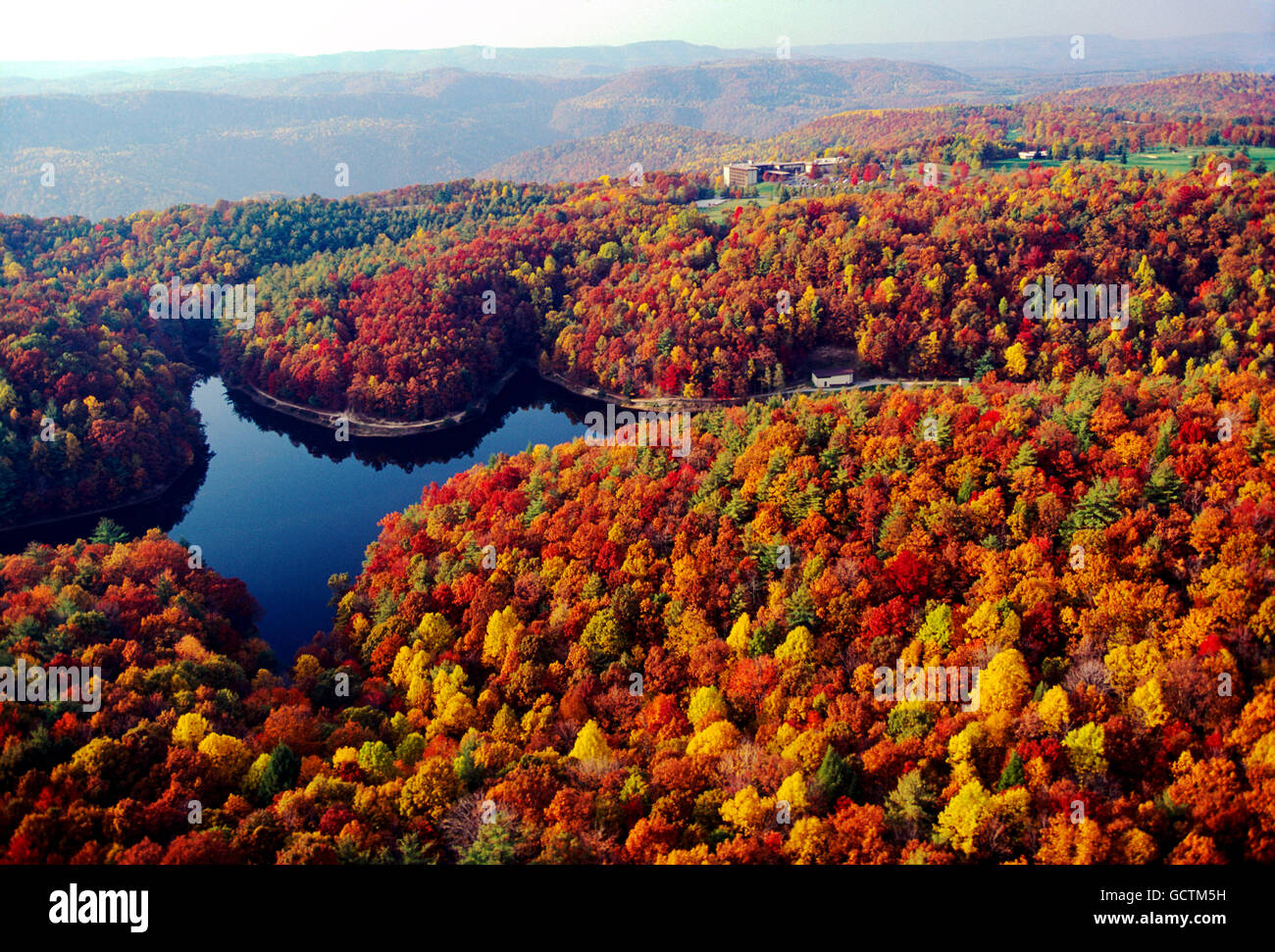 Aerial view of fall foliage; Long Branch Lake & McKeever Lodge; Pipestem Resort State Park; West Virginia; USA Stock Photo