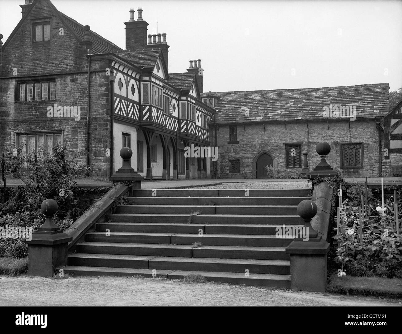 Historic Smithills Hall in Bolton, Lancashire. The oldest part of the house is the Great Hall, which was built in the late 14th century. It was the scene of the examination of George Marsh, the Protestant martyr, who was burnt at the stake in Chester in 1555, and for a long time the house has been a place of pilgrimage. Stock Photo