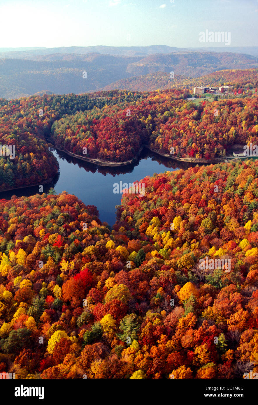 Aerial view of fall foliage; Long Branch Lake & McKeever Lodge; Pipestem Resort State Park; West Virginia; USA Stock Photo