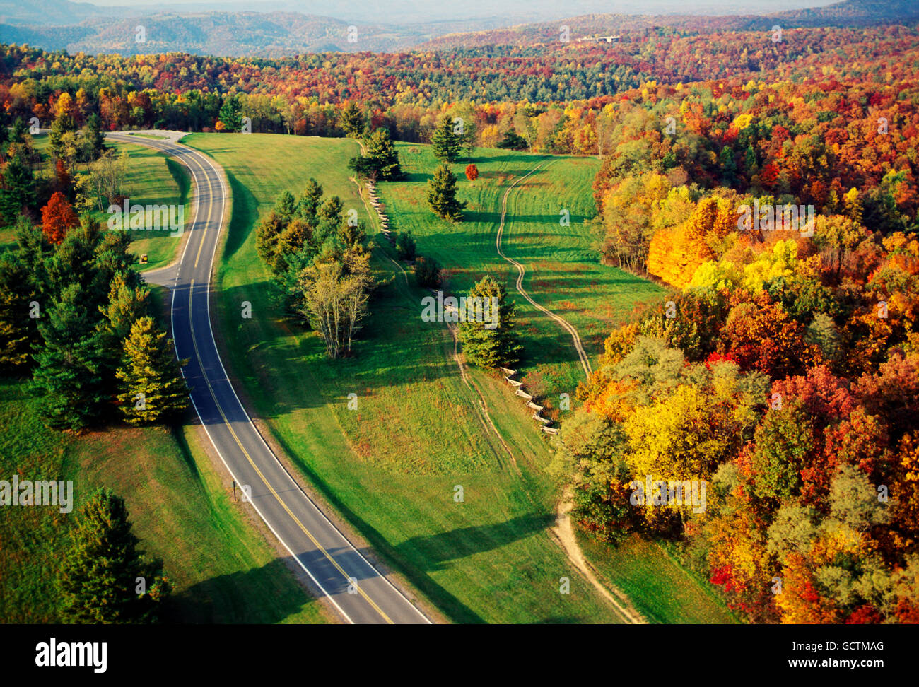 Aerial view of road & fall foliage; Pipestem Resort State Park; West Virginia; USA Stock Photo