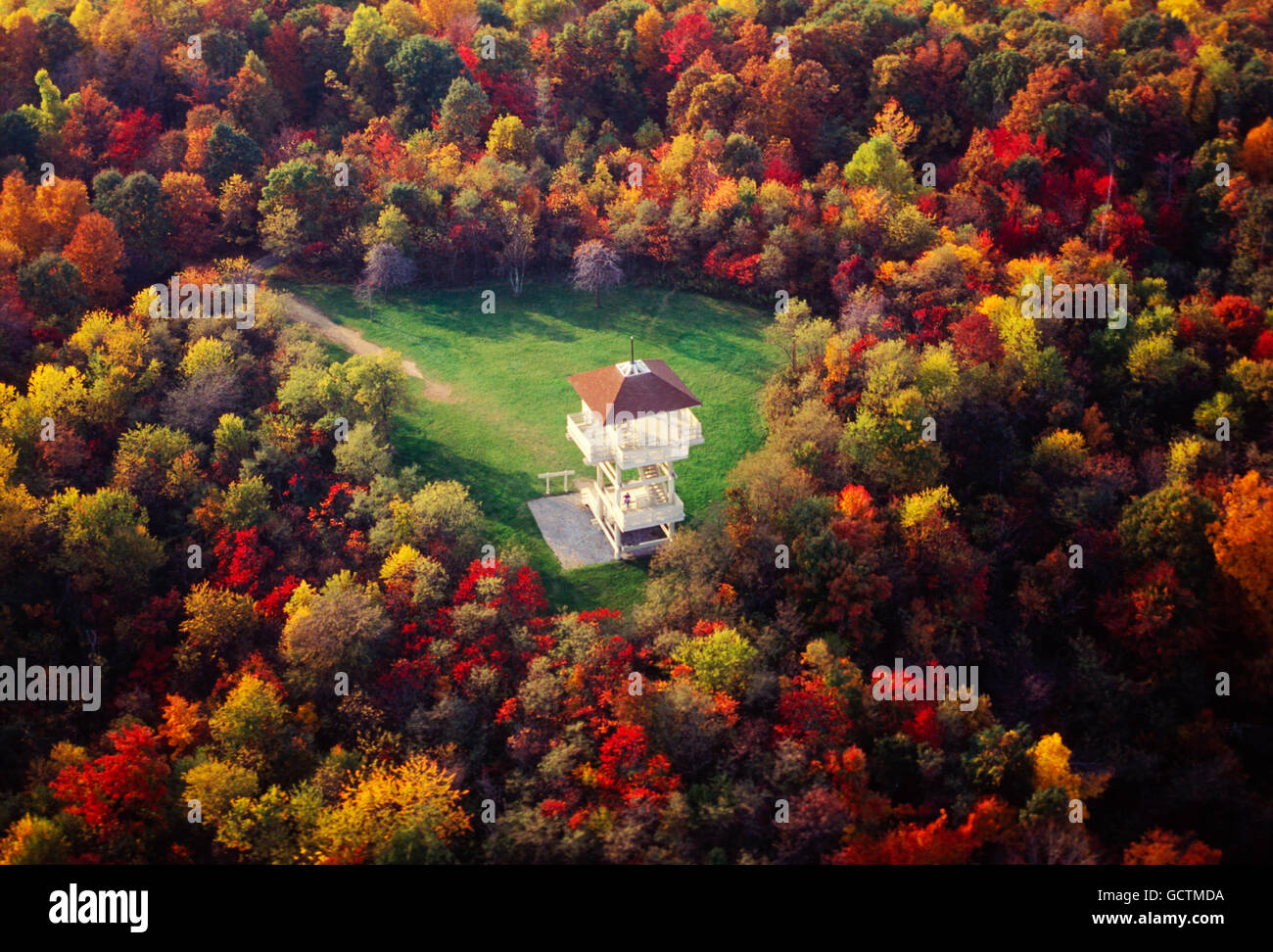 Aerial view of fall foliage & observation tower; Pipestem Resort State Park; West Virginia; USA Stock Photo