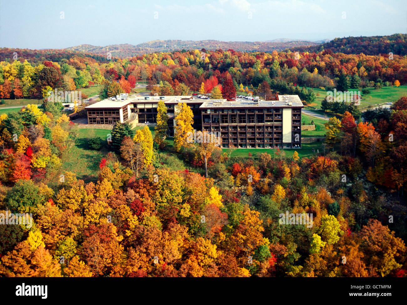 Aerial view of fall foliage & McKeever Lodge; Pipestem Resort State Park; West Virginia; USA Stock Photo