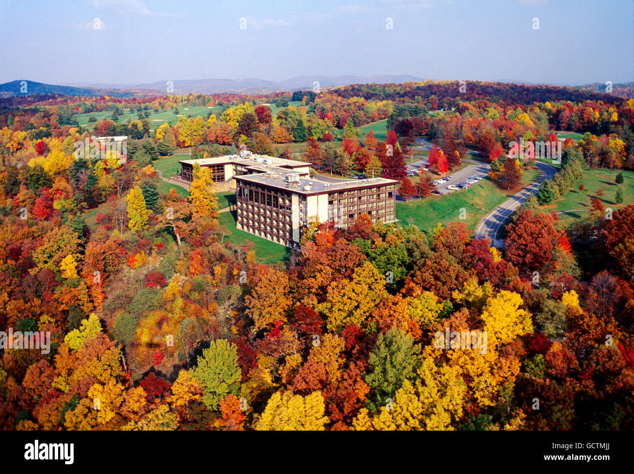 Aerial view of fall foliage & McKeever Lodge; Pipestem Resort State Park; West Virginia; USA Stock Photo