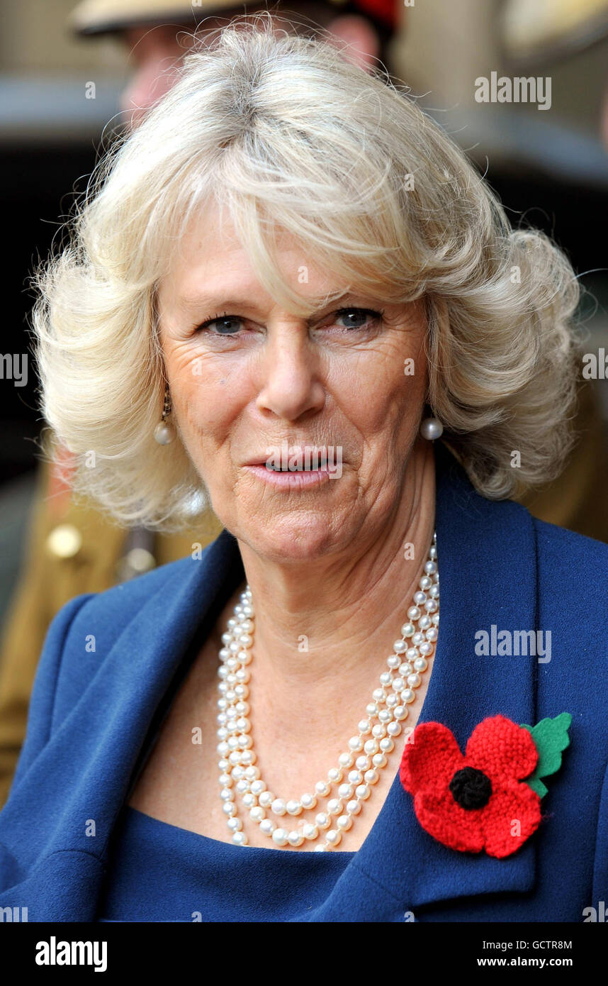 The Duchess of Cornwall wears a hand-knitted Poppy, during a visit to the Household Cavalry Regiment at their Knightsbridge Barracks in central London. Stock Photo