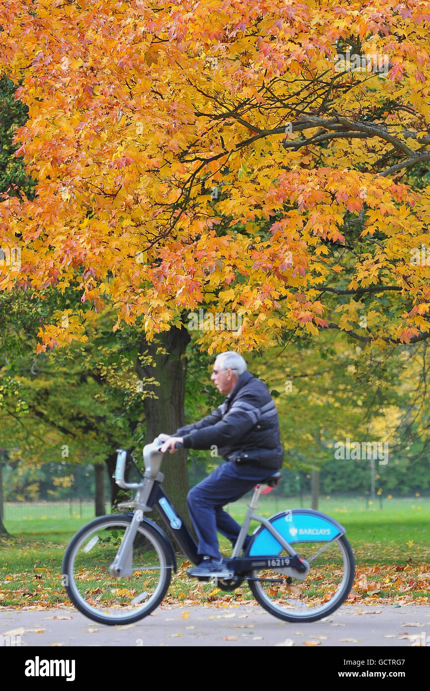A man rides a 'Boris' bike through London's Hyde Park against a