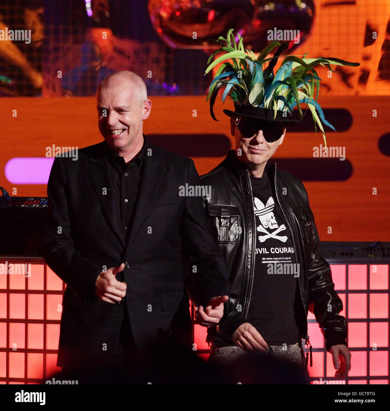 Guests Neil Tennant (left) and Chris Lowe of The Pet Shop Boys during a  recording of The Graham Norton Show (TX: 22:35 Friday 5th November, BBC1),  at the London Studios in south