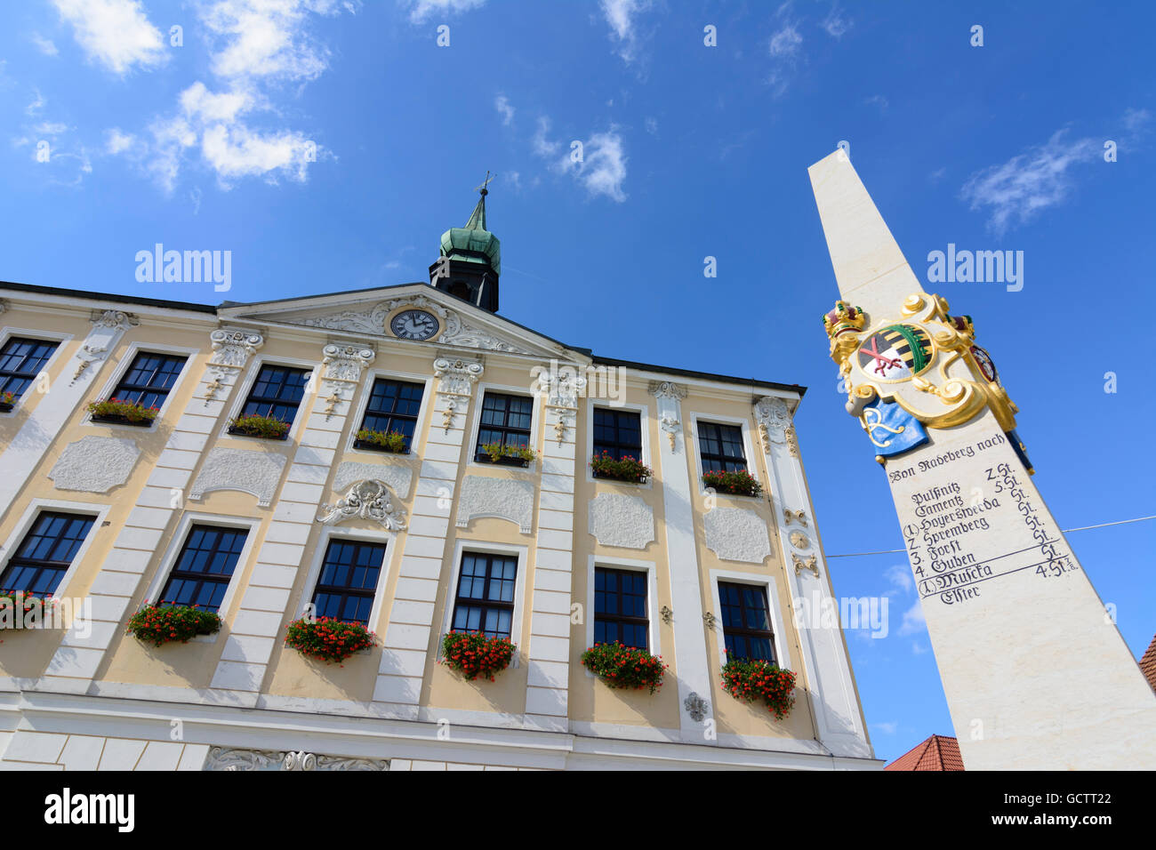 Radeberg Postal mile column and city hall Germany Sachsen, Saxony Stock Photo