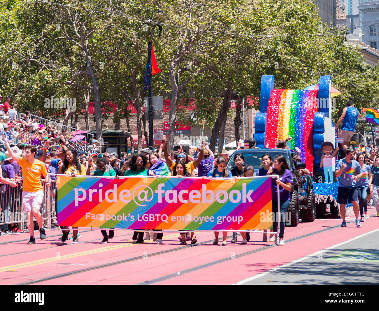 Facebook group in San Francisco Pride Parade 2016 Stock Photo - Alamy