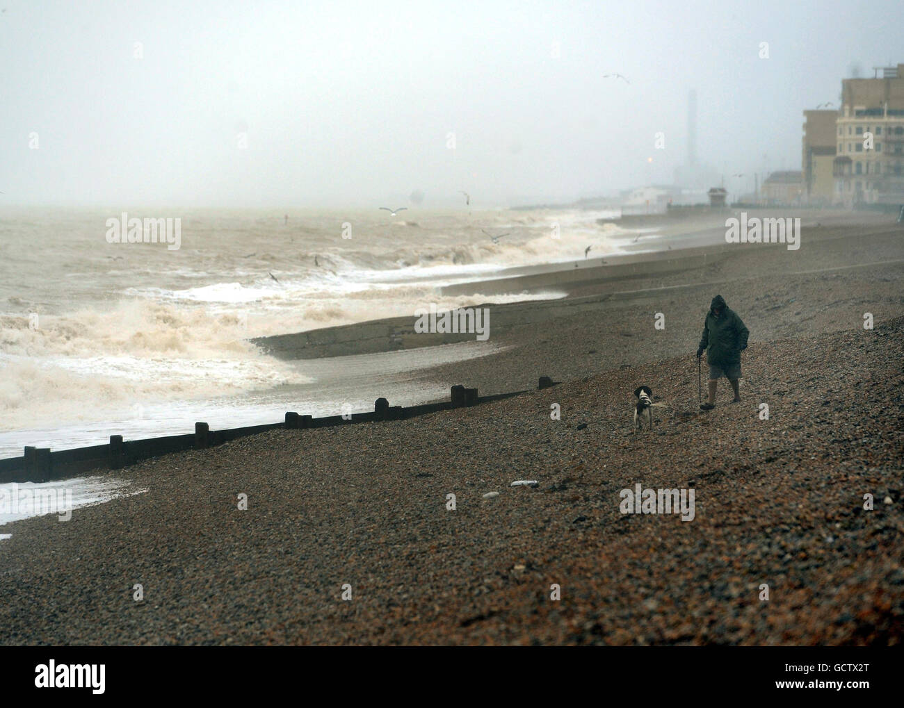 A man walks his dog along the beach as heavy wind and rain hits Brighton. Stock Photo