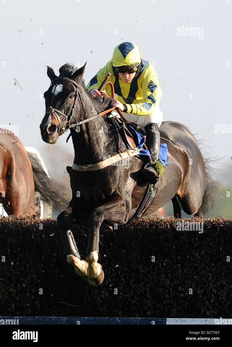Forget It ridden by Andrew Glassonbury winners of the London Irish Big 5 Novices' Handicap Steeple Chase Stock Photo