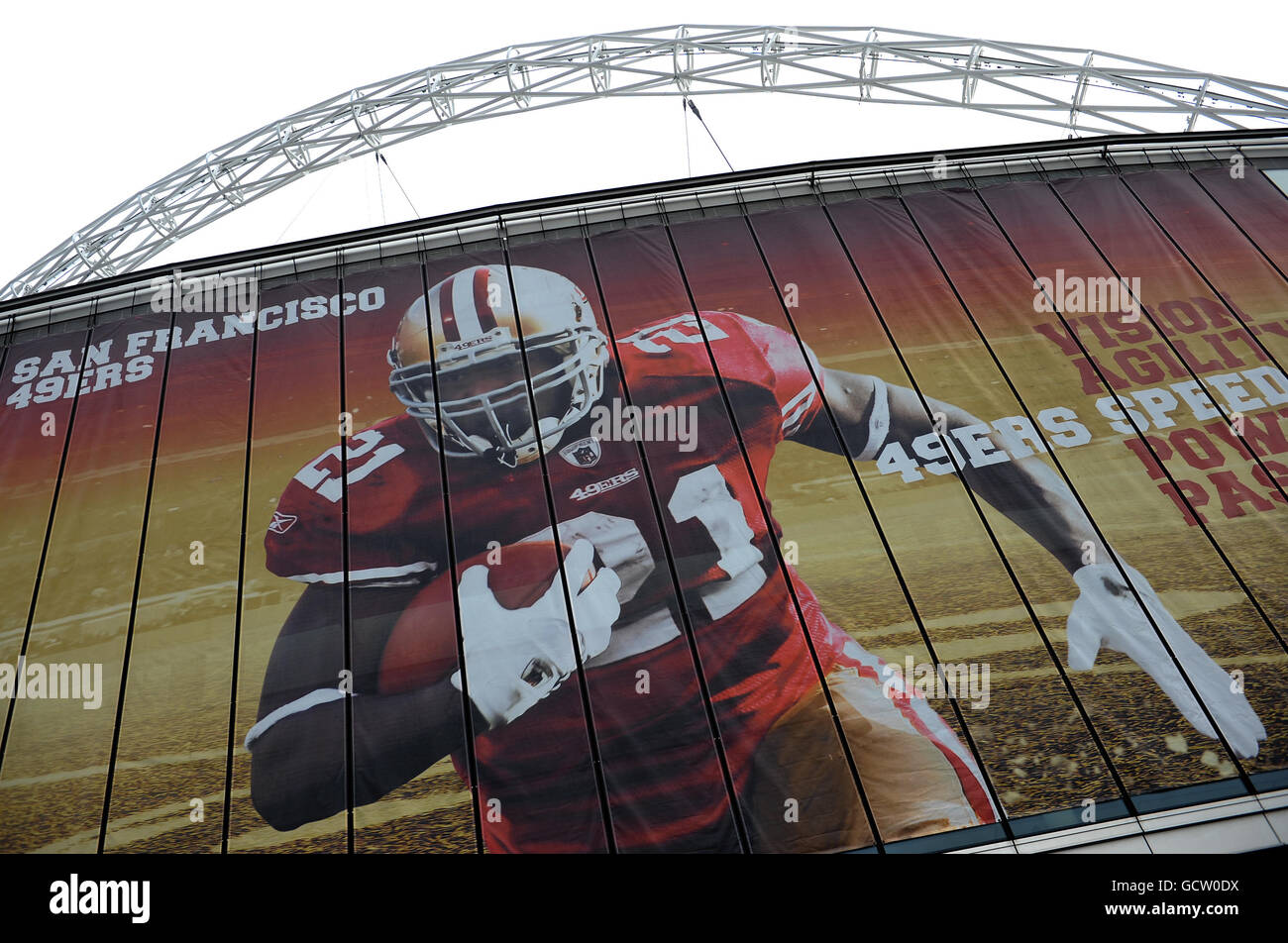 A San Franciscos poster of Running Back Frank Gore is displayed on Wembley Stadium Stock Photo