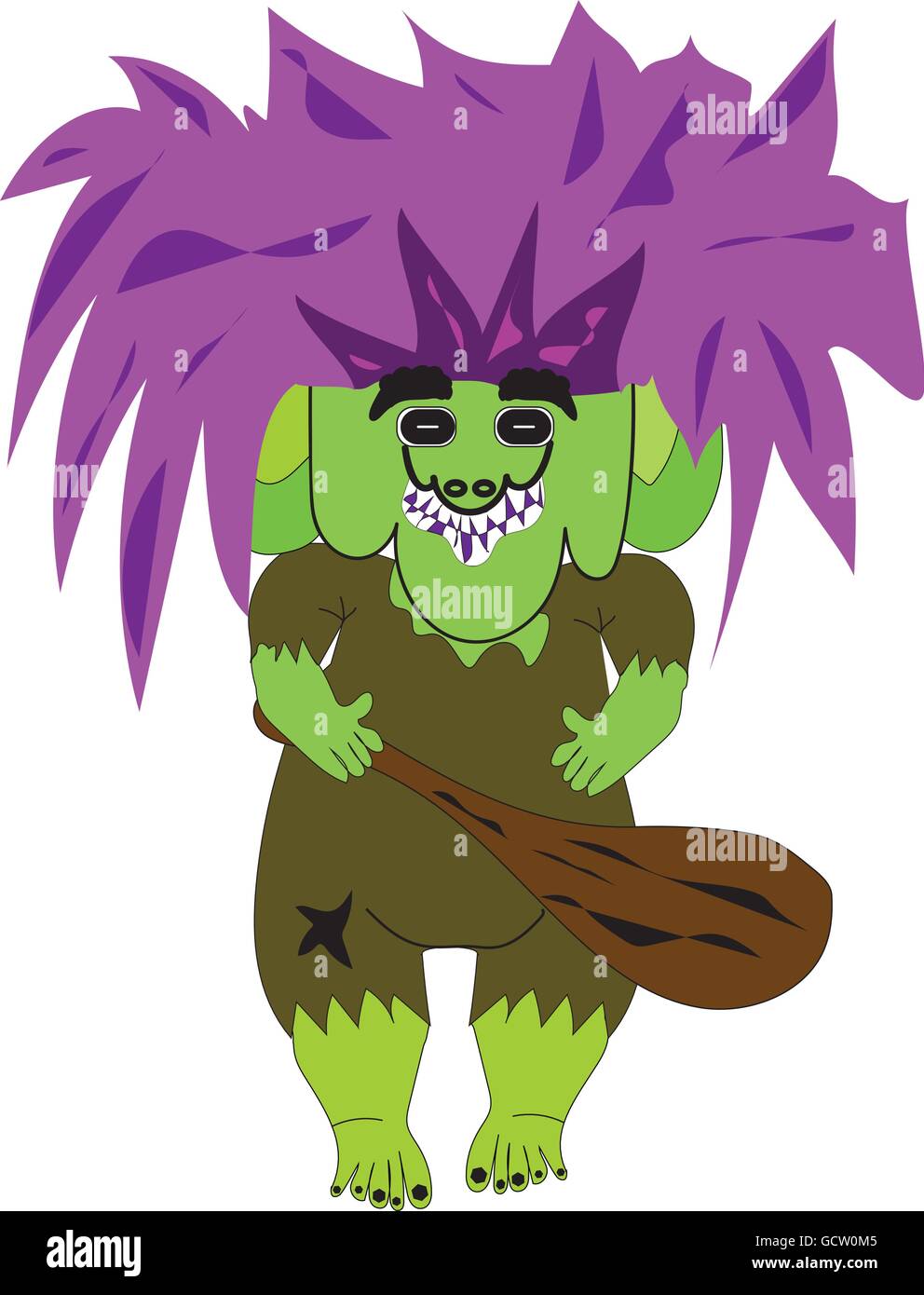 Illustrated mountain troll holding wooden club with purple hair. Stock Vector
