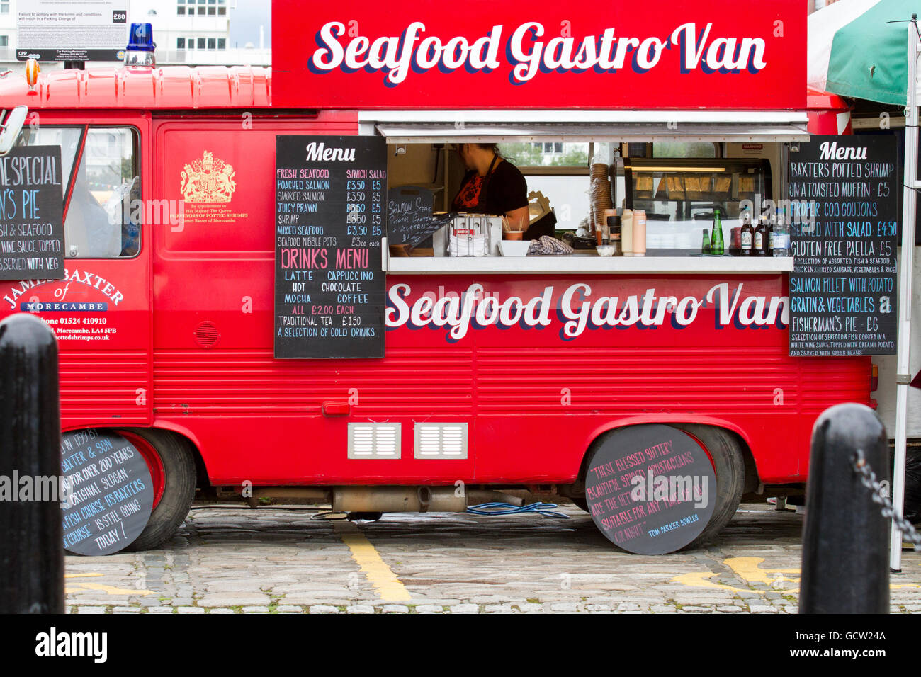 Seafood Gastro mobile Van. selling fish, menu on Albert Dock, Liverpool