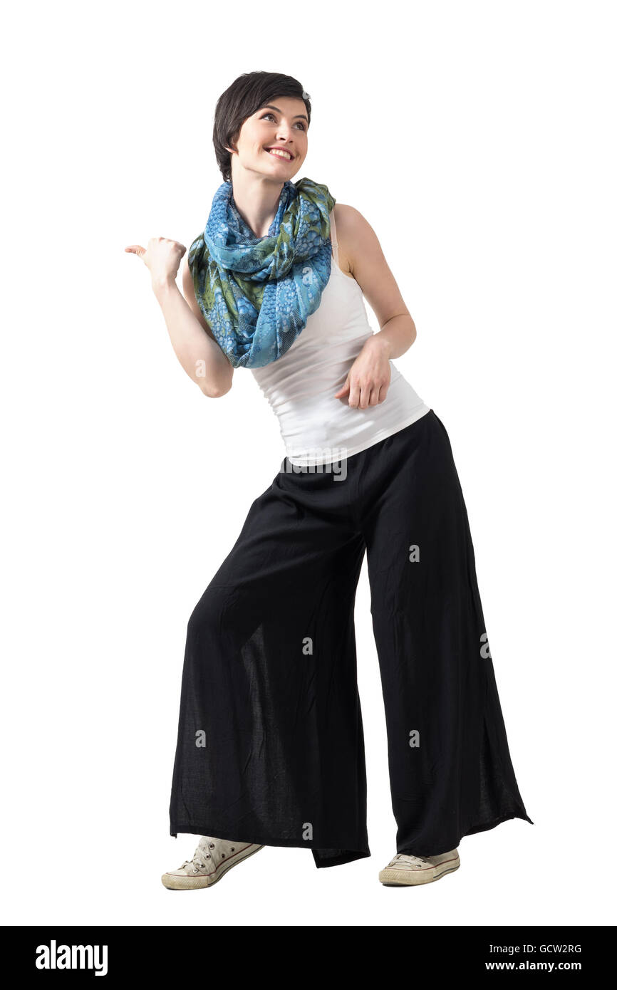 Playful Dancing Young Happy Short Hair Woman Looking Up Full Body