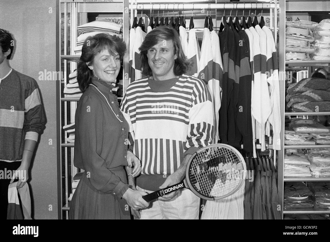 Swedish tennis ace Bjorn Borg at Harrods in London with Jane Kay, Harrods restaurant supervisor, who helped him present his Menswear Collection which is going on sale in Britain. Borg is wearing one of his favourite outfits from the Spring/Summer Collection. Stock Photo