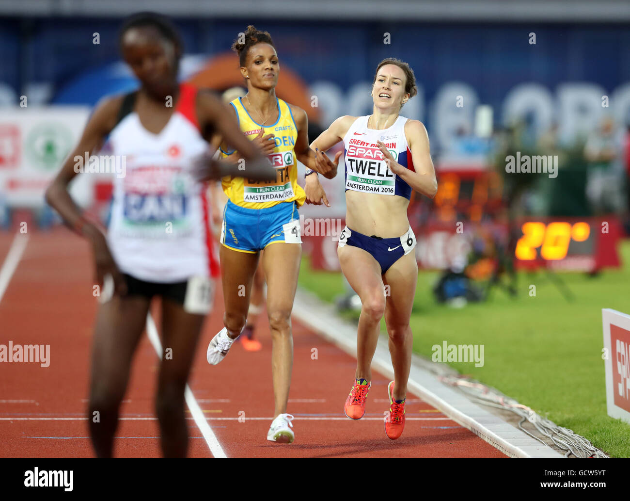 Great Britain's Steph Twell crosses the line to win a bronze medal in the Women's 5000m during day four of the 2016 European Athletic Championships at the Olympic Stadium, Amsterdam. Stock Photo