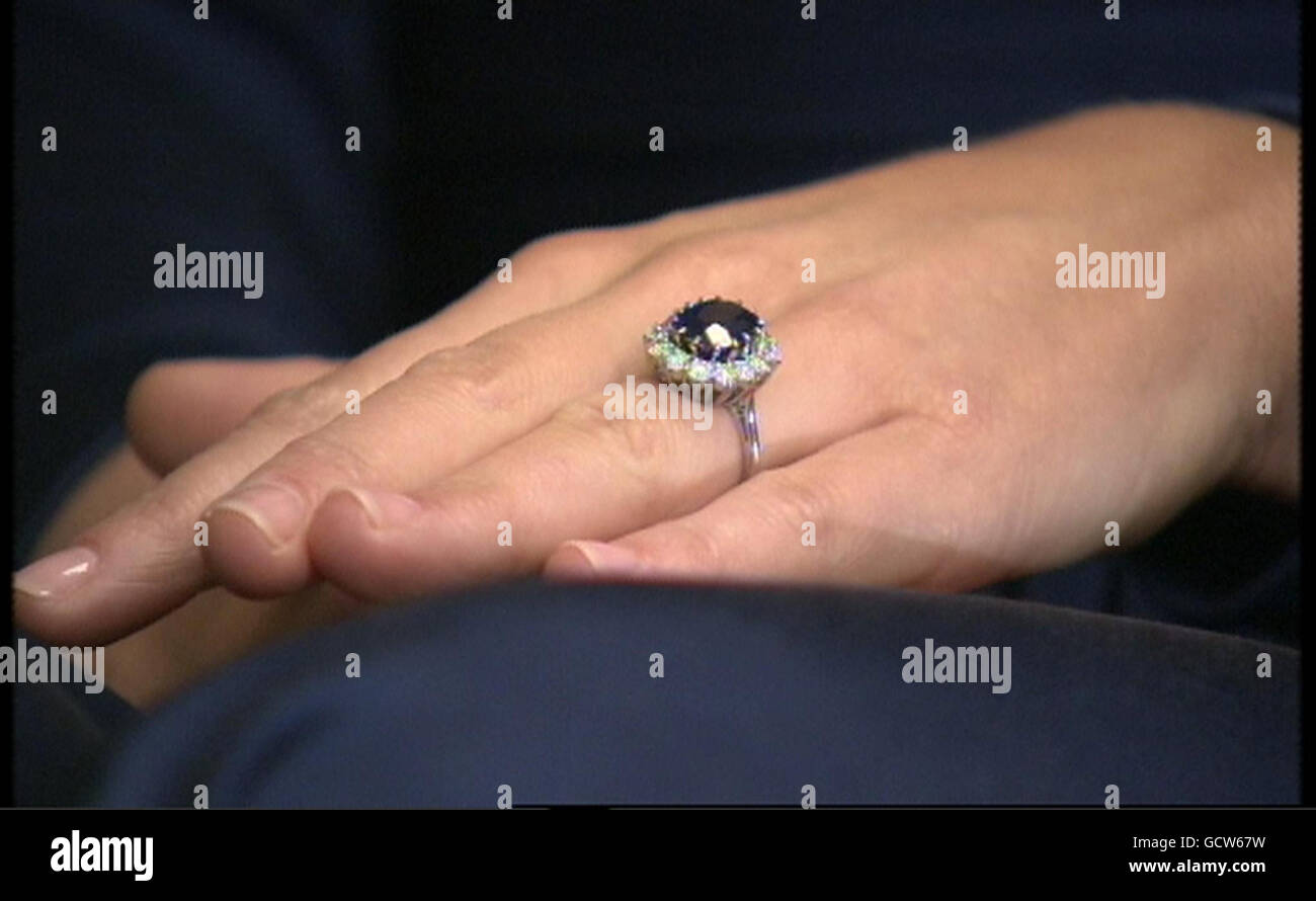 Videograb taken from pooled ITV footage of Kate Middleton, wearing her  engagement ring which once belonged to Diana, Princess of Wales, during an  interview on the day her engagement to Prince William